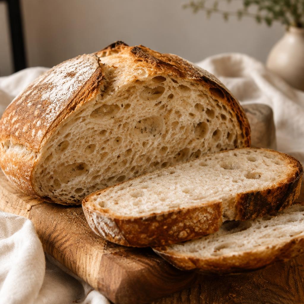 Sliced sourdough showing an open crumb